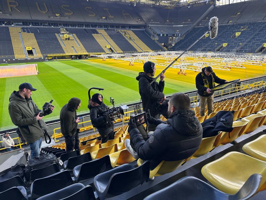 The crew setting up a shot in the stands at Signal Iduna Park